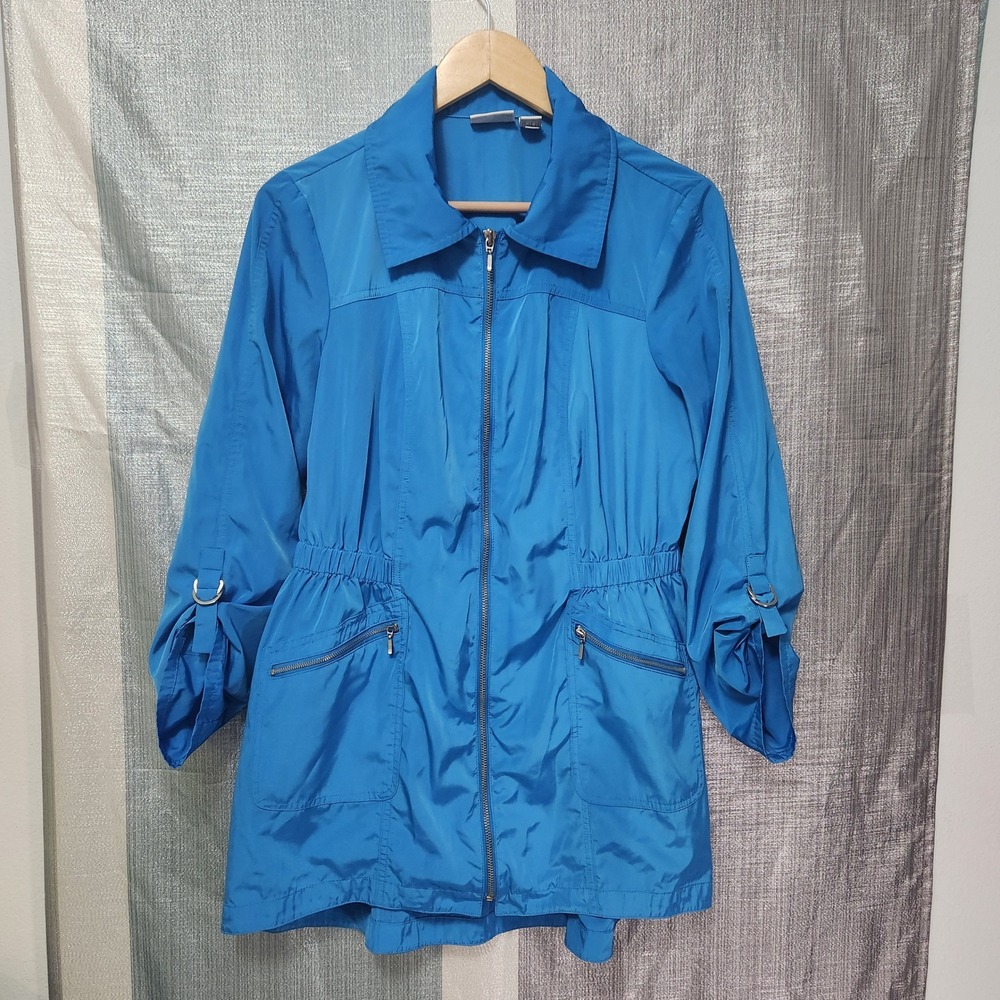 Zenergy by Chicos Blue Utility Jacket Full Zip Roll Tab Sleeve 1M Cinched Travel